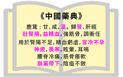 中國藥典鹿茸甘咸溫歸腎肝經壯腎陽益精血強筋骨調衝任